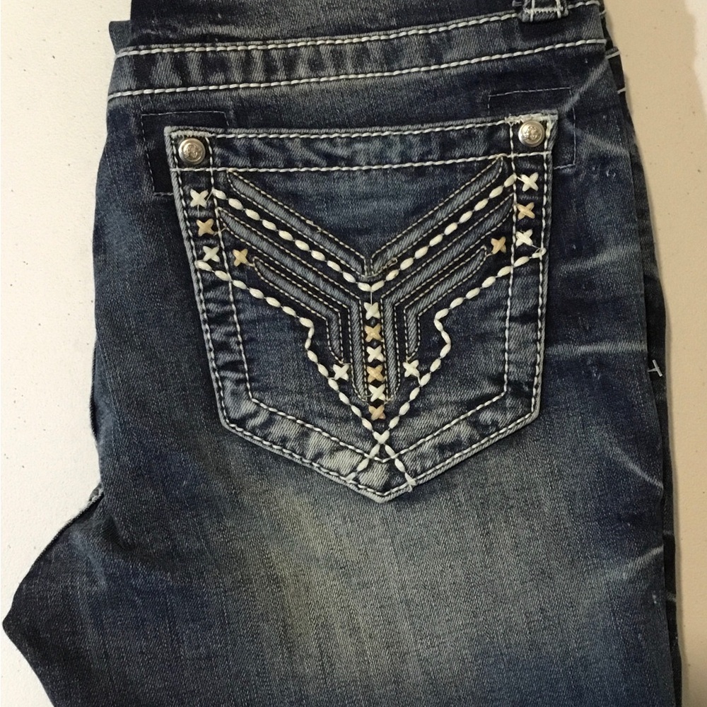 Womens Dark Blue Embroidered Pocket Jeans. Grace in LA